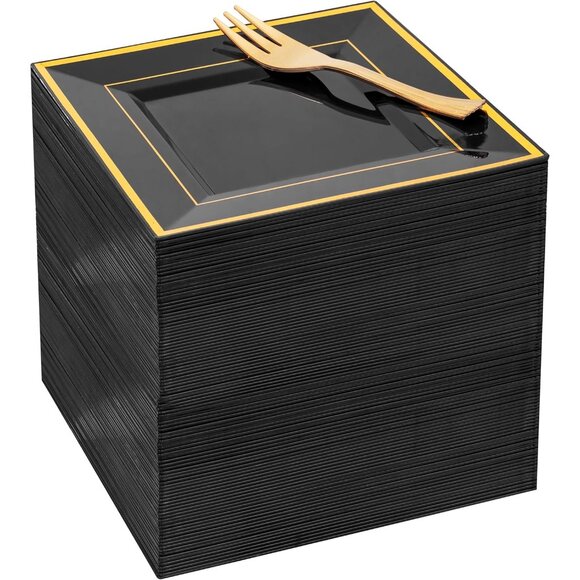 Other - 200PCS Black and Gold Plastic Dessert Plates with Plastic Forks -6’’ 100 Square